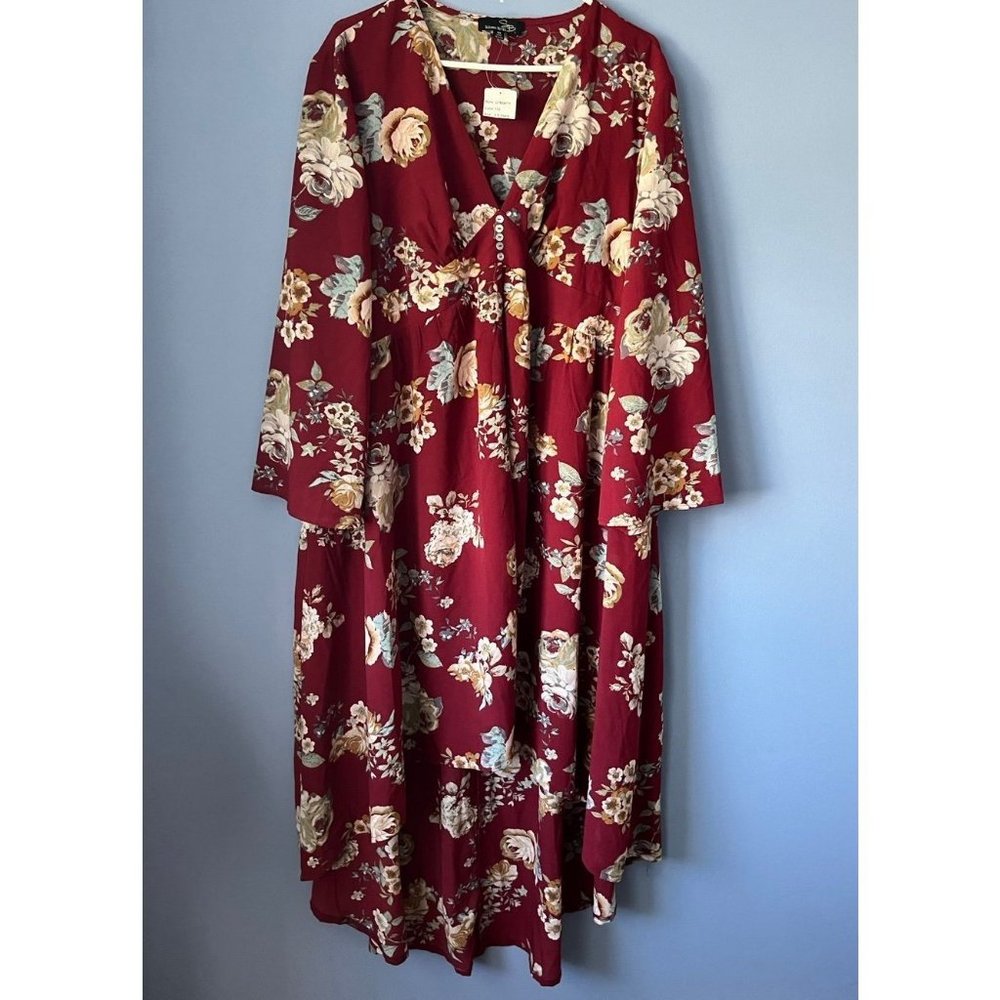 Suzanne Betro floral high low flowy dress 3/4 bell sleeve 4x red multi color